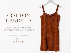 Cotton Candy LA Large Rust Polka Dot Mini Dress Ruffle Straps Tie Front NWT